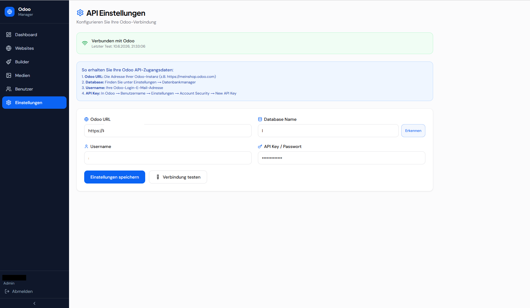 API Einstellungen — Odoo Connection Configuration