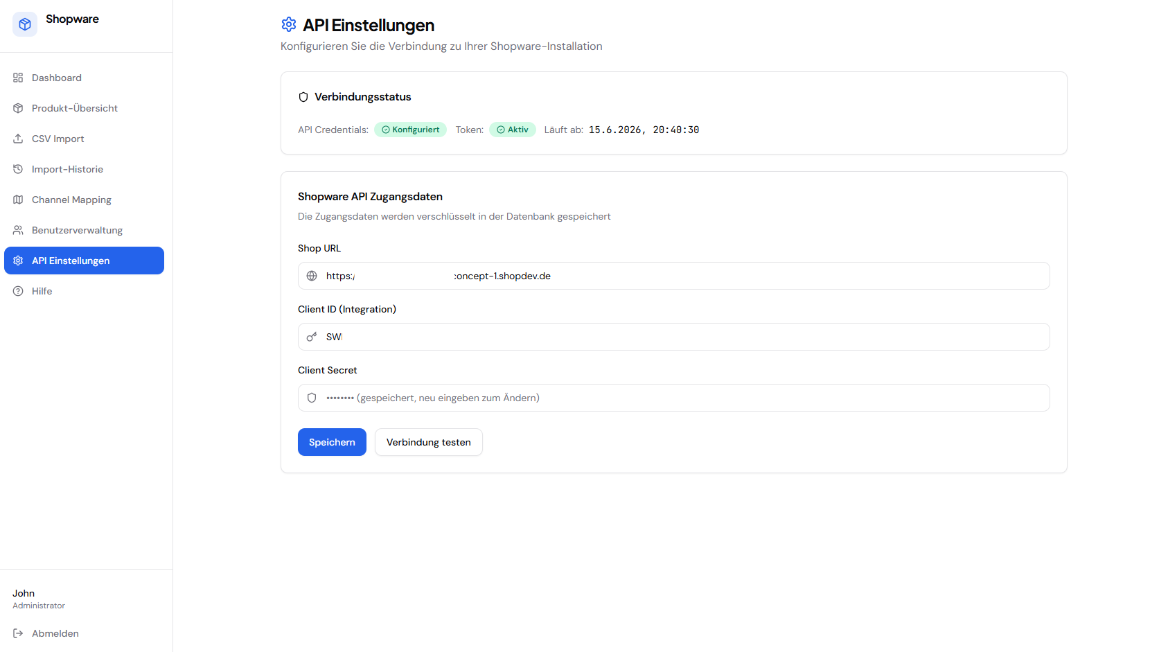 API Einstellungen — Shopware Connection Config