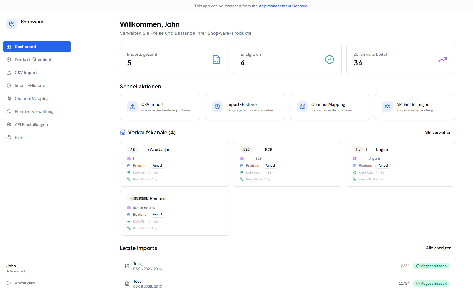 Dashboard — Import Stats, Channels & Recent Activity
